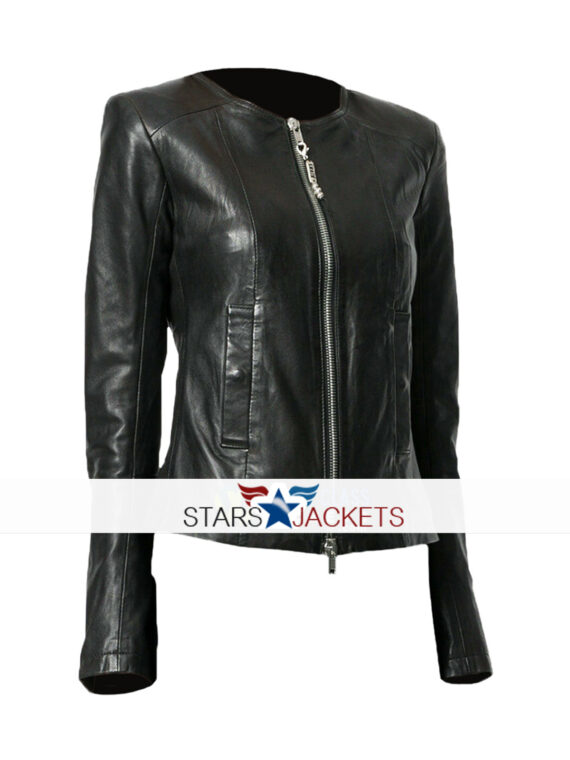 Ladies Casual Slim Fit Black Collarless Real Leather Biker Jacket