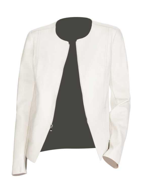 Ladies Casual Slim Fit Collarless White Genuine Leather Biker Jacket