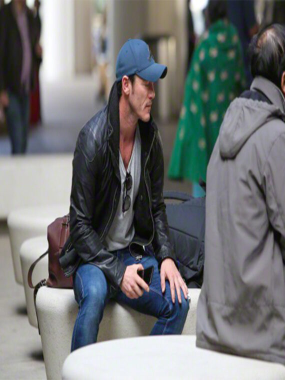 Luke Evans Casual Double Collar Black Real Leather Biker Jacket For Men