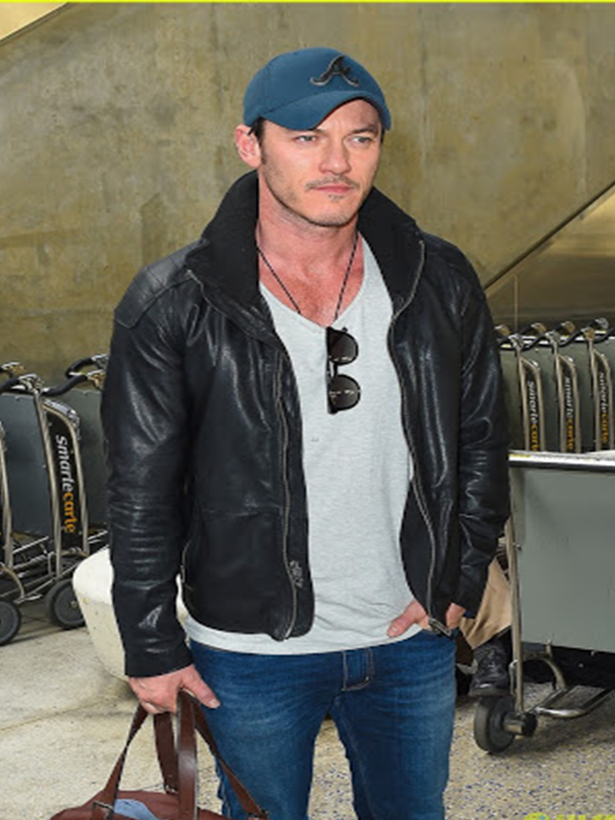 Luke Evans Casual Double Collar Black Real Leather Jacket For Men