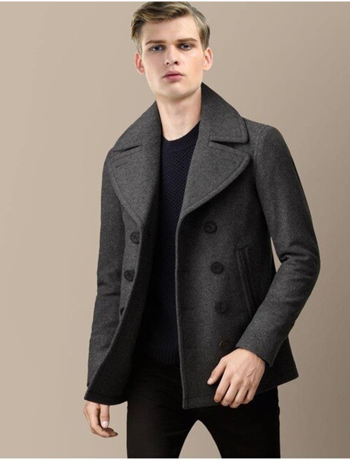 Mens Casual Grey Wool Winter Peacoat On Sale