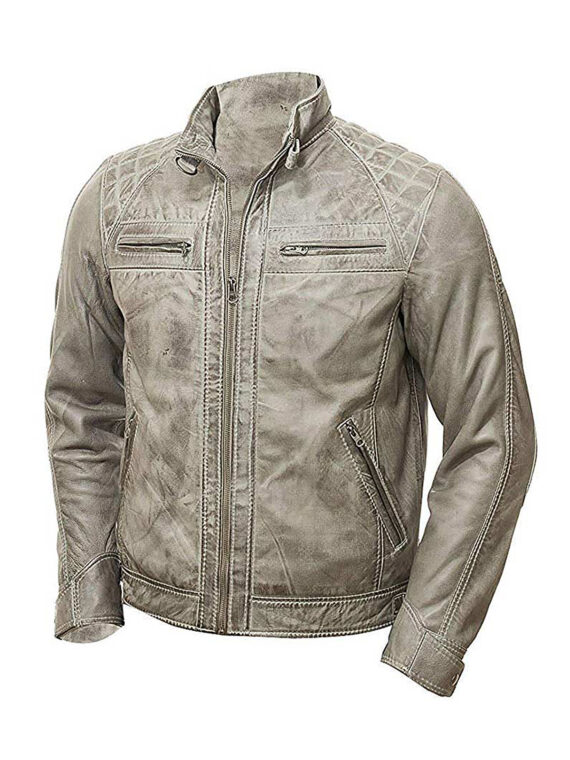 Men’s Vintage Grey Two Tone Genuine Leather Biker Jacket