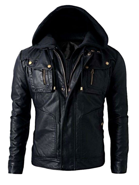 Motorcycle Brando Style Biker Leather Hooded Jacket