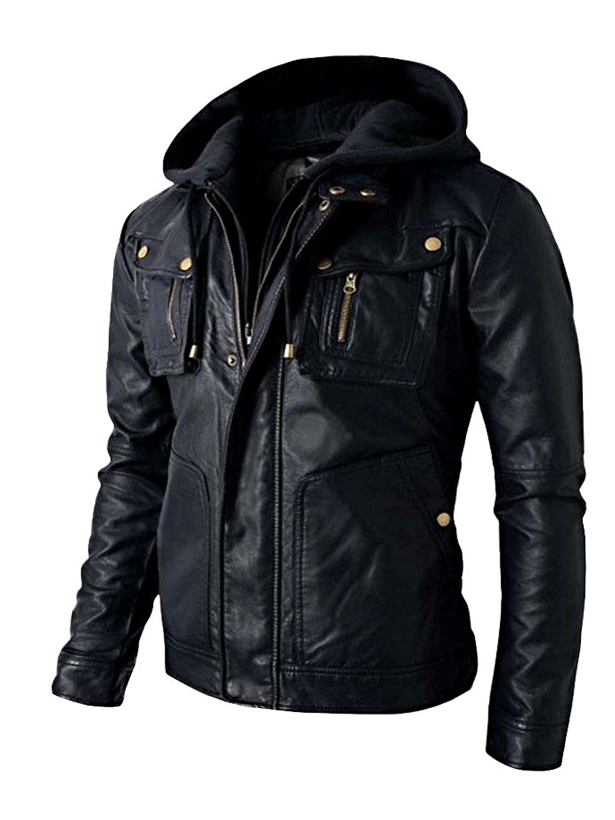 Motorcycle Brando Style Leather Hooded Jacket