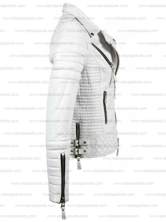 Unisex Casual White Biker Slim Fit Genuine Leather Jacket - Image 3