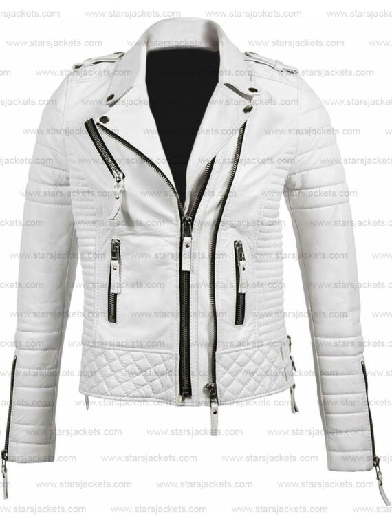 Unisex Casual White Biker Slim Fit Genuine Leather Jacket