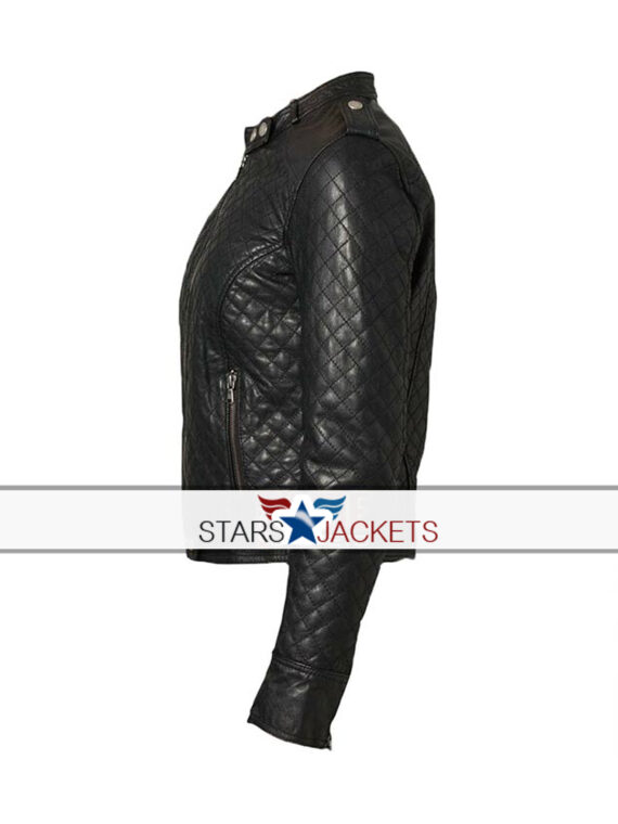 Women’s Classic Quilted Diamond Black Genuine Leather Biker Jacket