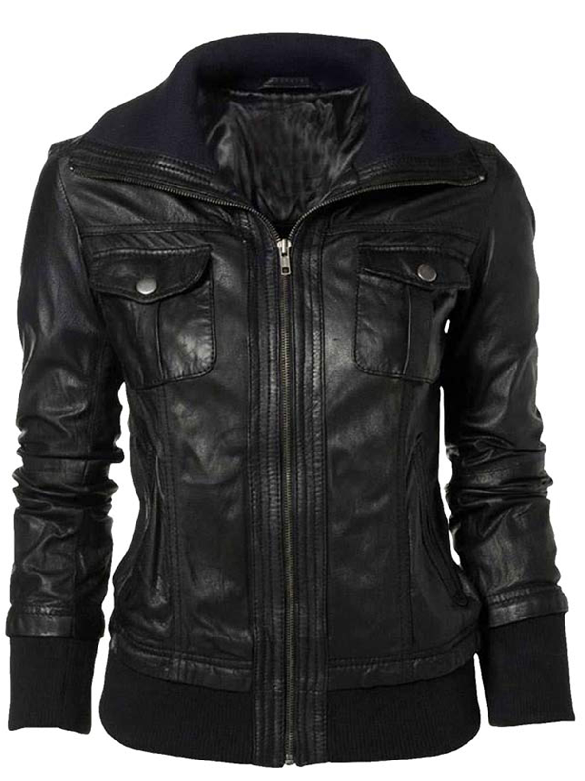 Women’s Men’s Double Collar Casual Slim Fit Black Leather Jacket