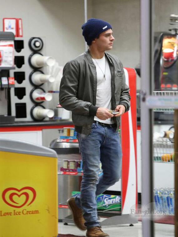 Zac Efron Mens Bomber Grey Genuine Leather Jacket