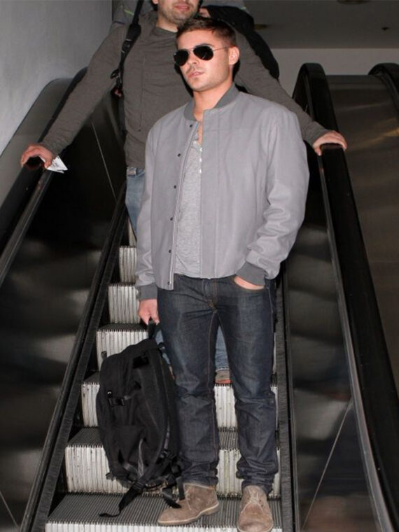 Zac Efron Mens Bomber Grey Leather Jacket