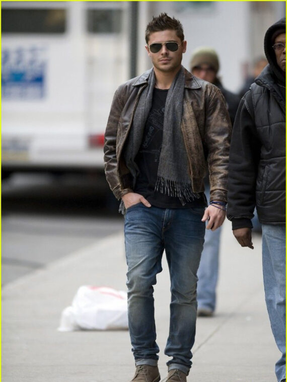 Zac Efron Mens Brown Lambskin Leather Distressed Jacket