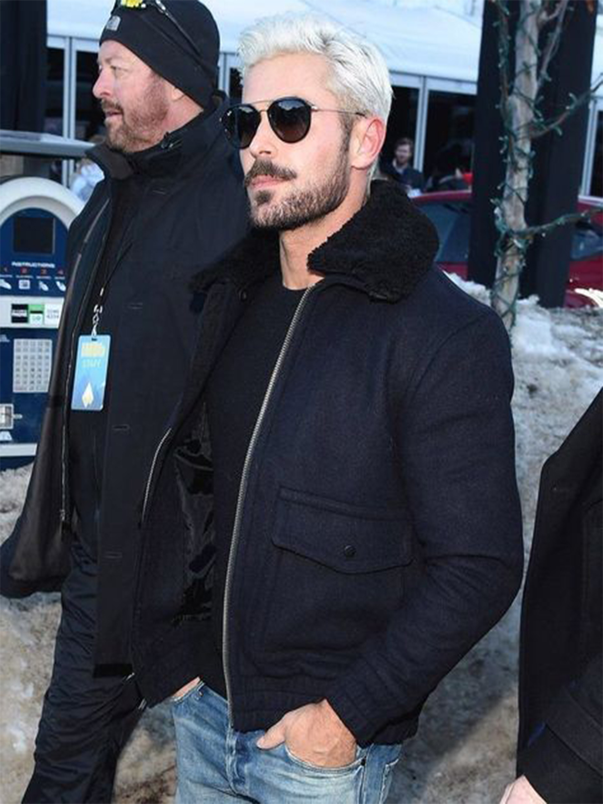 Zac Efron Mens Casual Navy Blue Fur Collar Bomber Winter Jacket