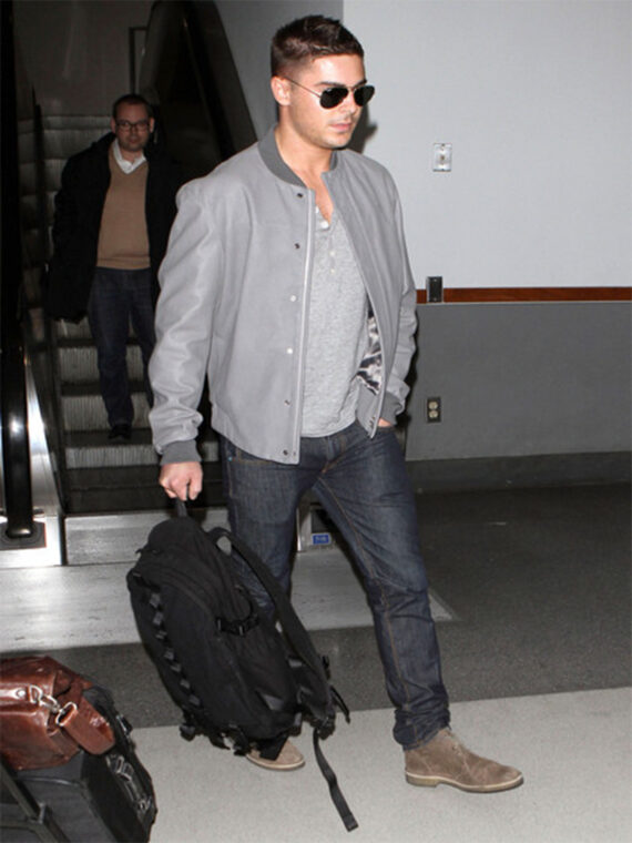 Zac Efron Mens Grey Leather Jacket