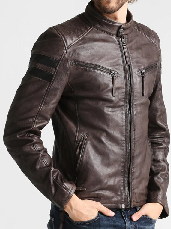 Men Brown Leather Slim Jacket