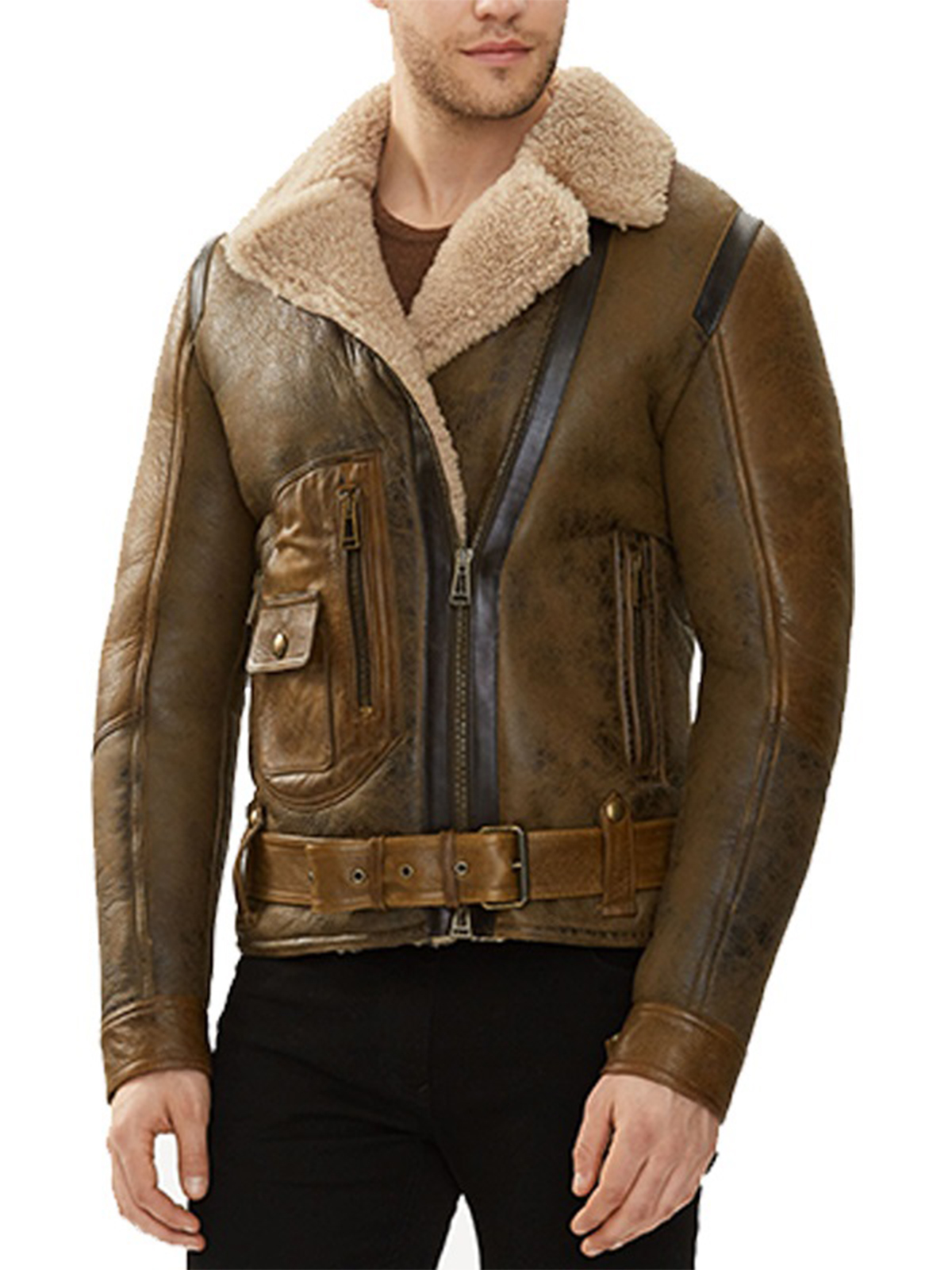 Men Real Shearling Sheepskin Flying Jacket