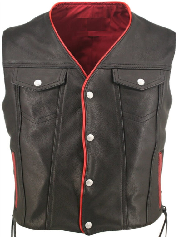 Men Red Trim Gun Pocket Motorcycle Vest