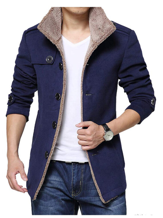 Men Single Breasted Blue Wool Jacket