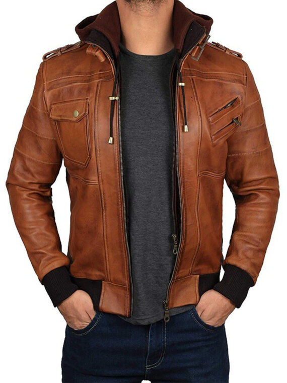 Men Slim fit Removable Hood leather Jacket