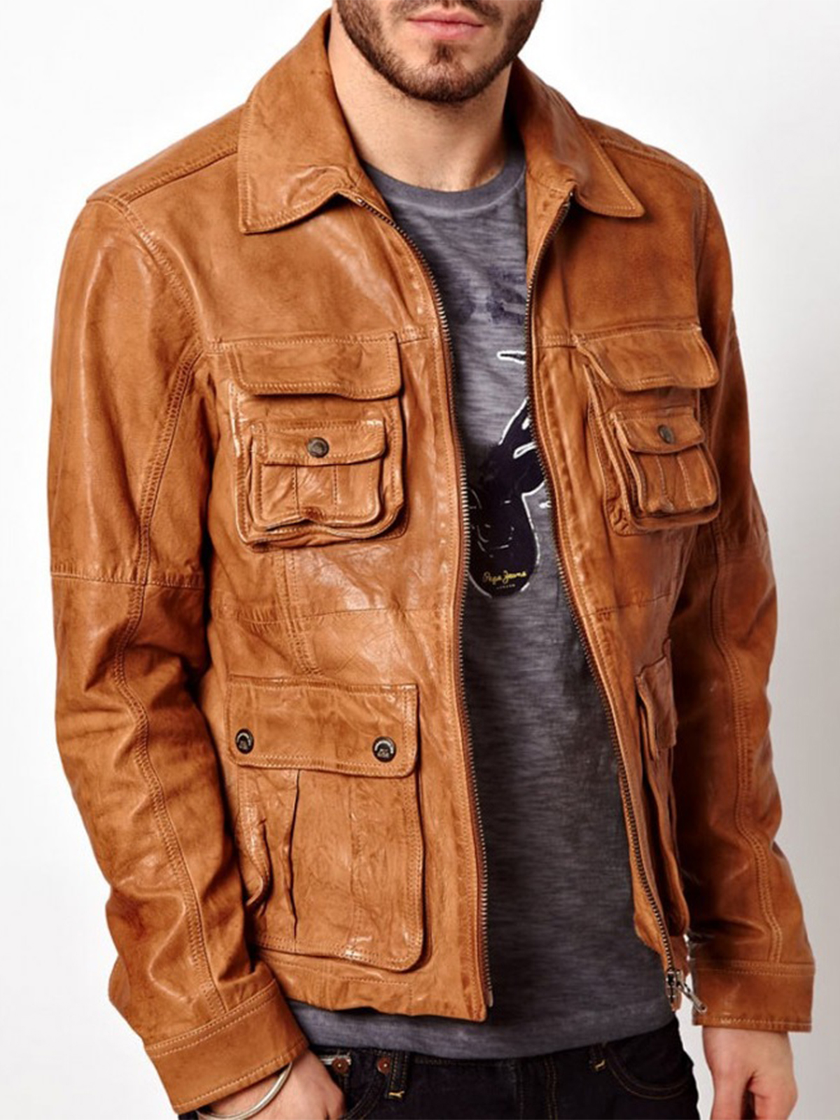 Men Tan Brown Bomber Jacket