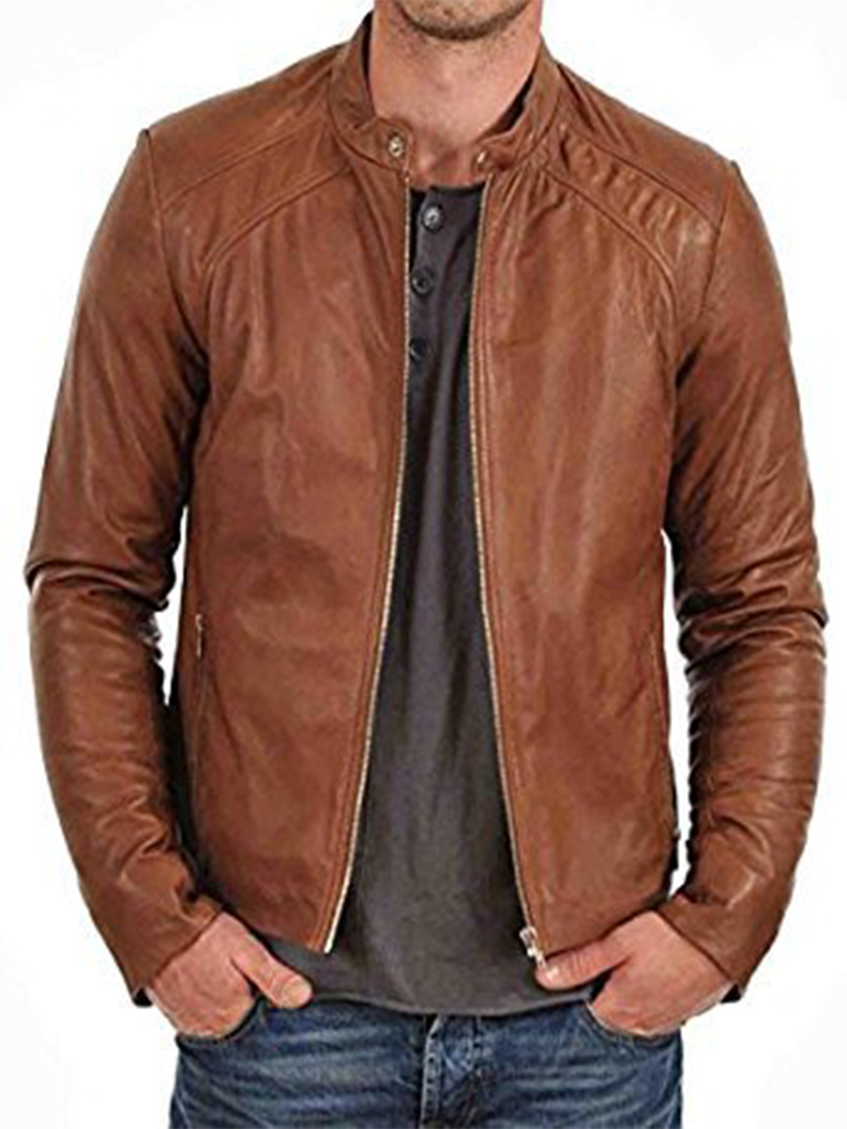 Men’s Brown Biker Slim Fit Casual Wearing Leather Jacket