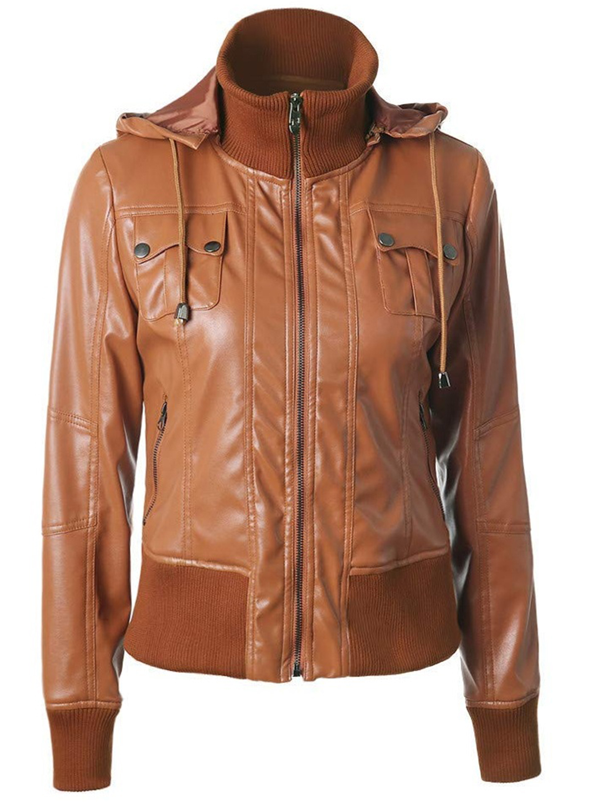 Women Removable Hooded Classic Leather Jacket