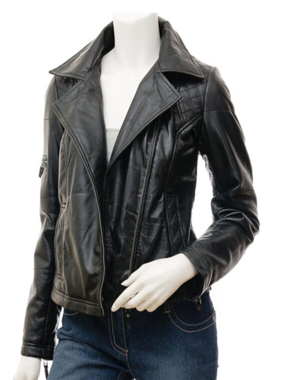 Krynica Womens Black Leather Biker Jacket with Hood - Image 3