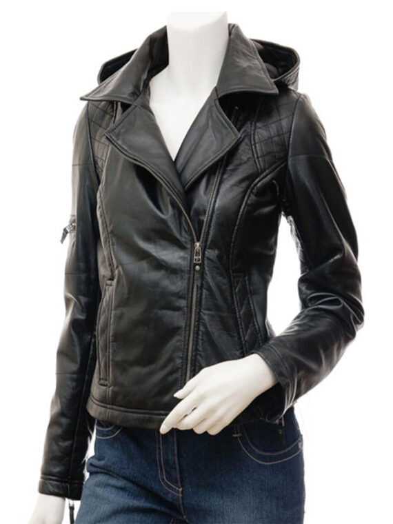 Krynica Womens Leather Biker Jacket with Hood