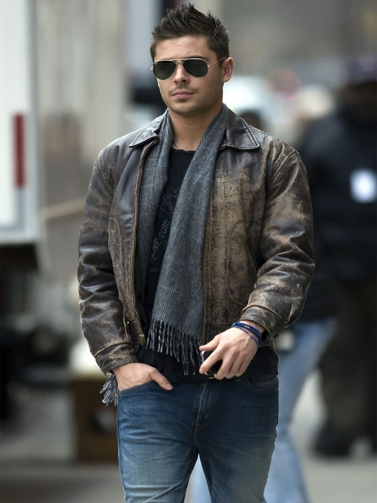 New Year’s Eve Zac Efron Distressed Brown Leather Jacket