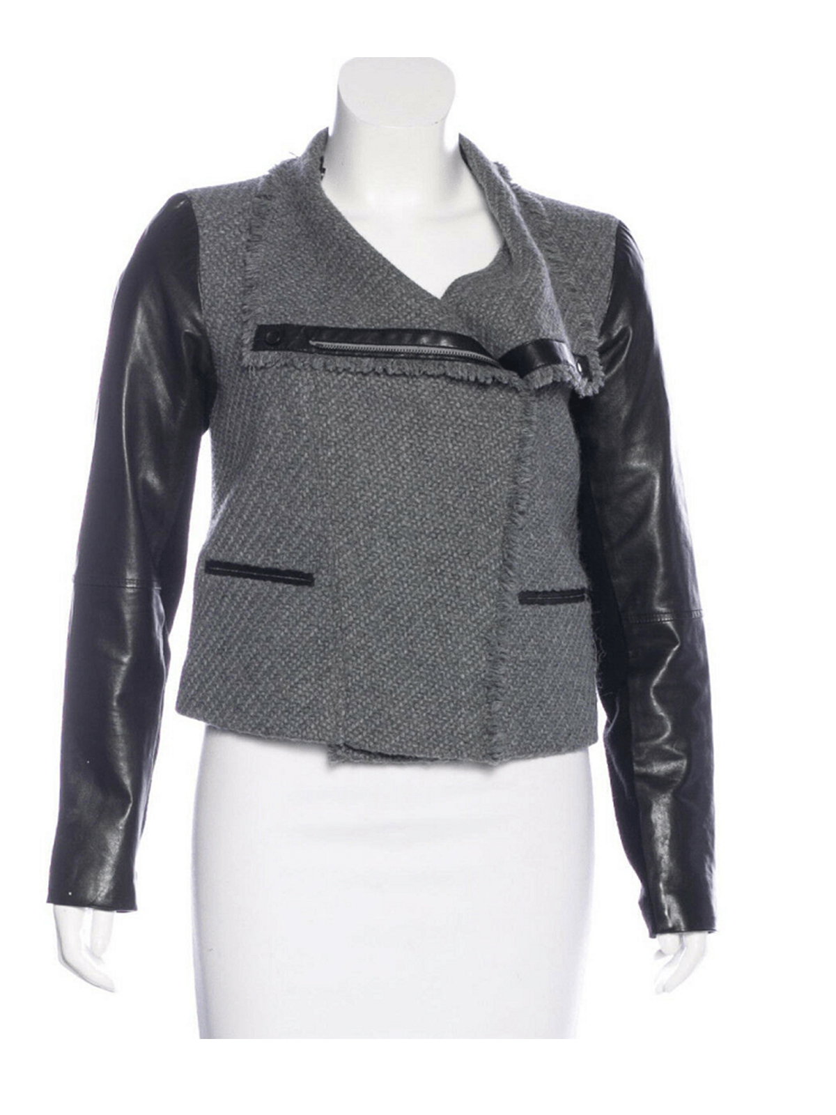 Gray Tweed Boucle Leather Sleeve Moto Jacket