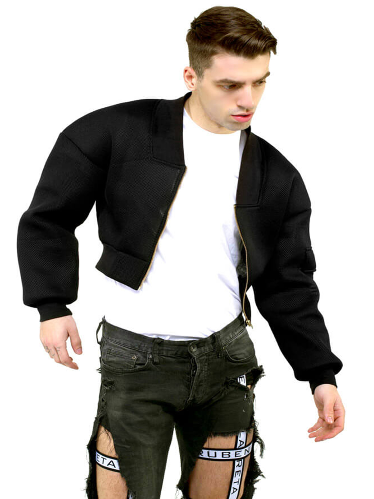 Men’s Fashion Black Cropped Bomber Jacket