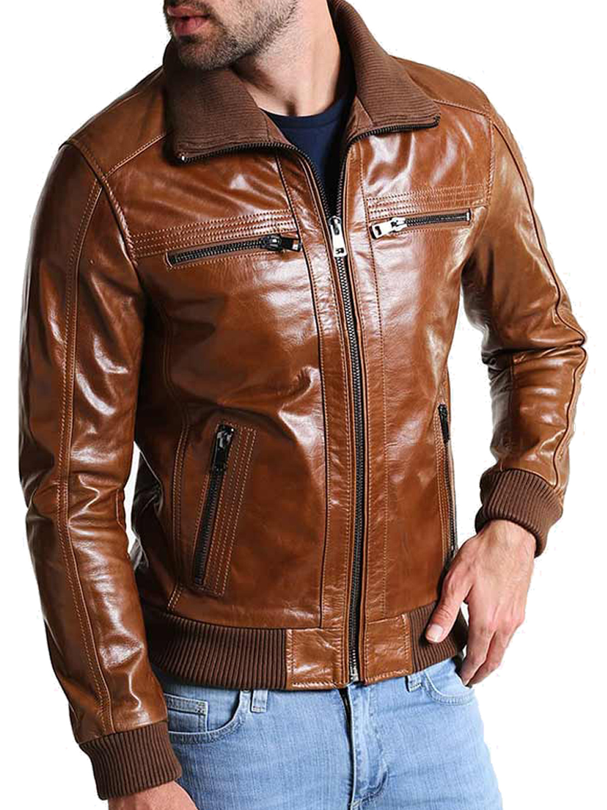 Men's Bomber Shining Brown Leather Jacket