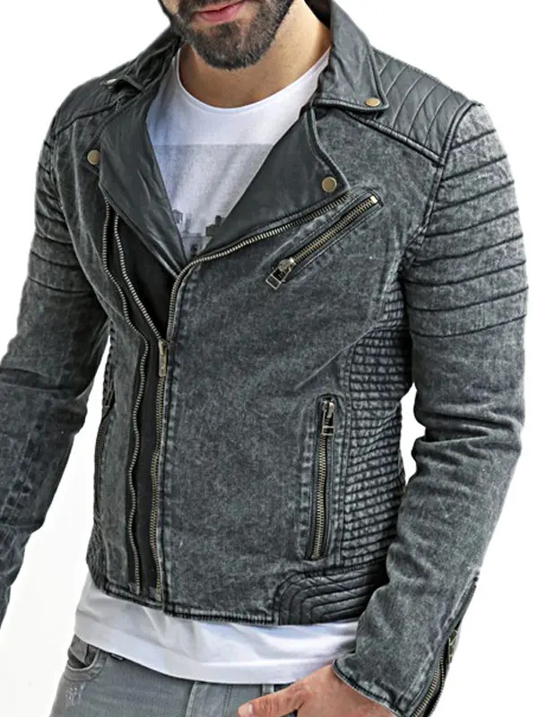 Men's Vintage Sheepskin Leather Denim Biker Jacket