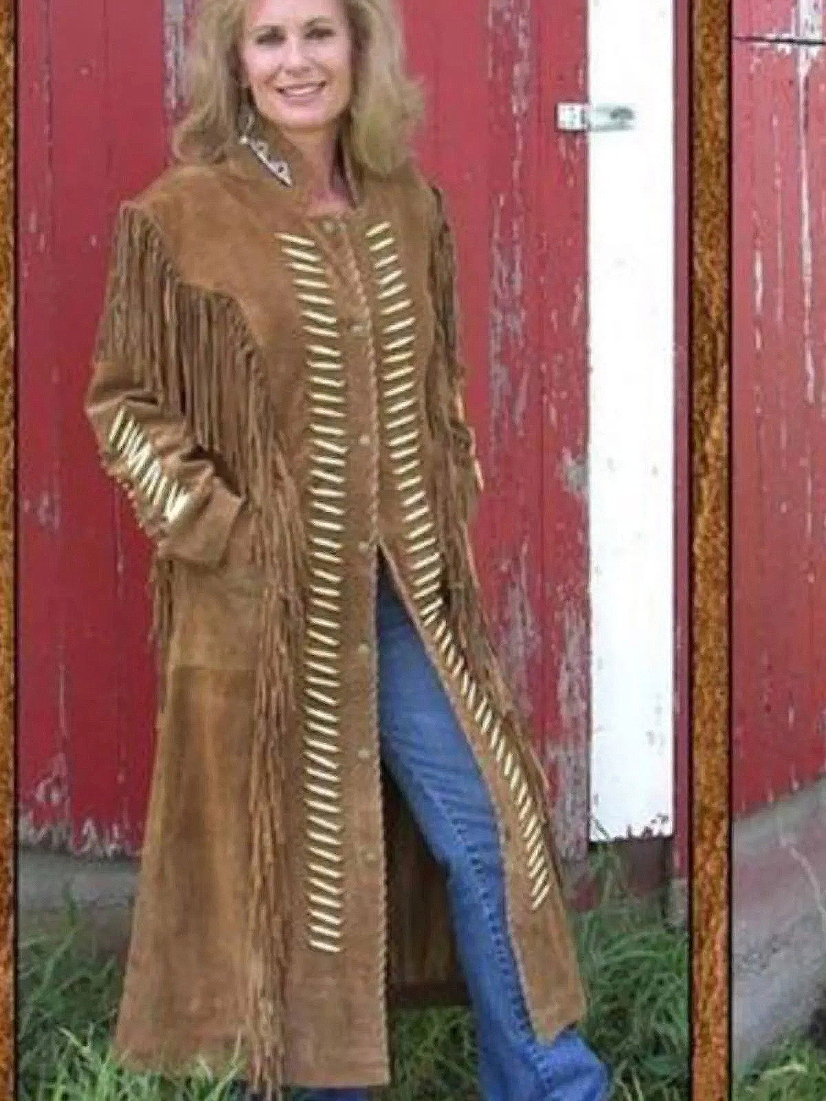 Women Western Wear Suede Leather Long Duster Coat Fringes