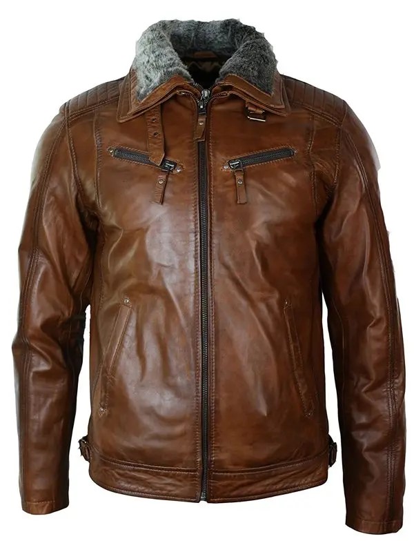 Mens-Distressed-Leather-Biker-Jacket-Belted-Brown-Fur-Collar