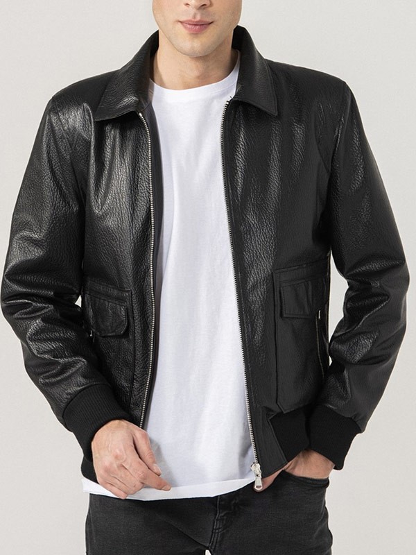 Mens-Shirt-Collar-Black-Bomber-Leather-Jacket