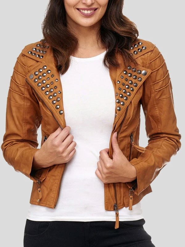 Womens-Brown-Studded-Biker-Leather-Jacket