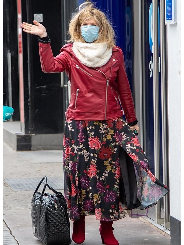 Global-Studios-London-Kate-Garraway-Red-Motorcycle-Leather-Jacket