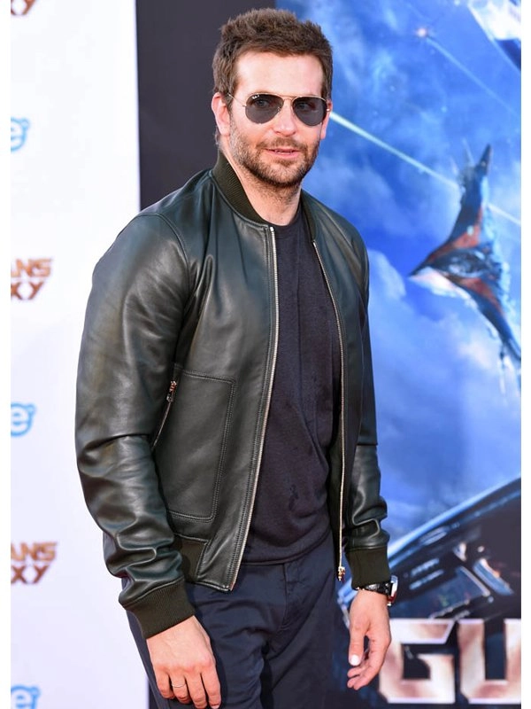 Galaxy-Premiere-Bradley-Cooper-Dark-Green-Bomber-Leather-Jacket