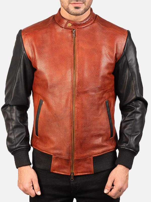 Mens-Black-Brown-Snap-Tab-Collar-Leather-Jacket