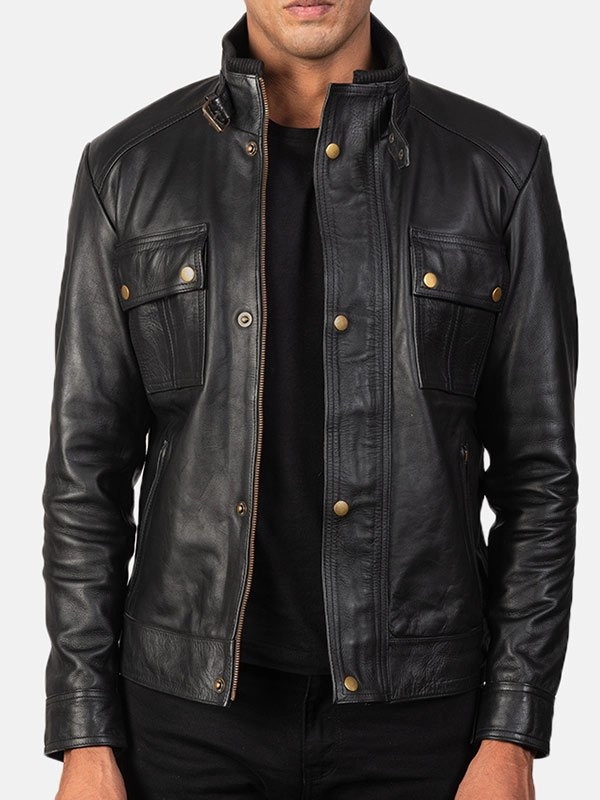 Mens-Golden-Button-Black-Leather-Jacket