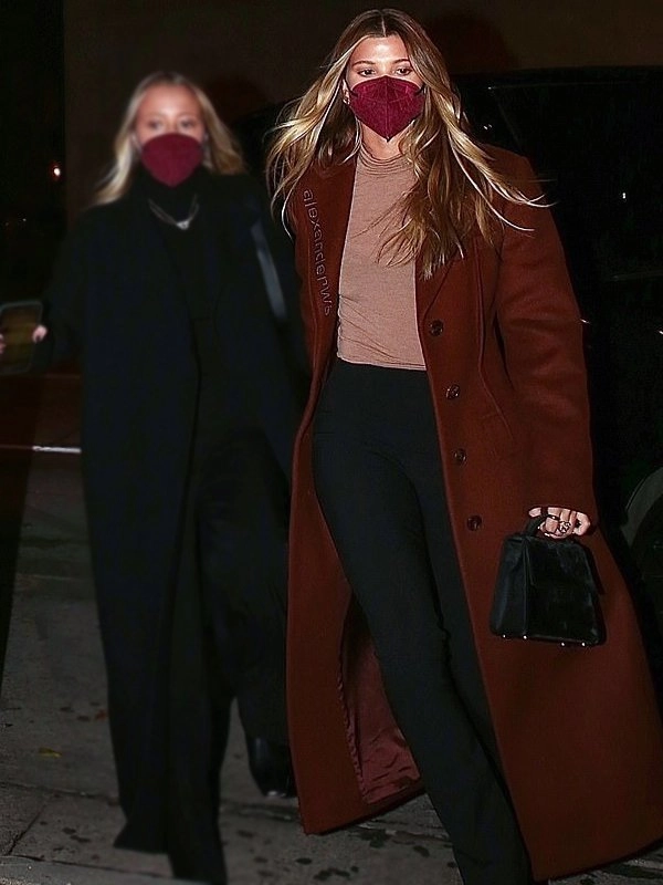 Sofia-Richie-Long-Maroon-Wool-Trench-Coat