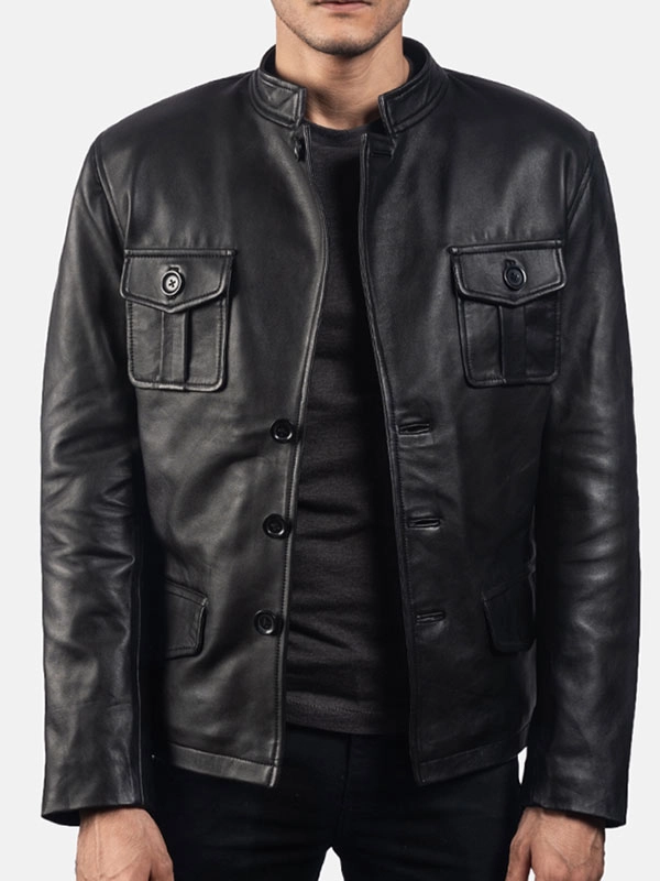 Mens-Flap-Pockets-Classic-Black-Leather-Jacket