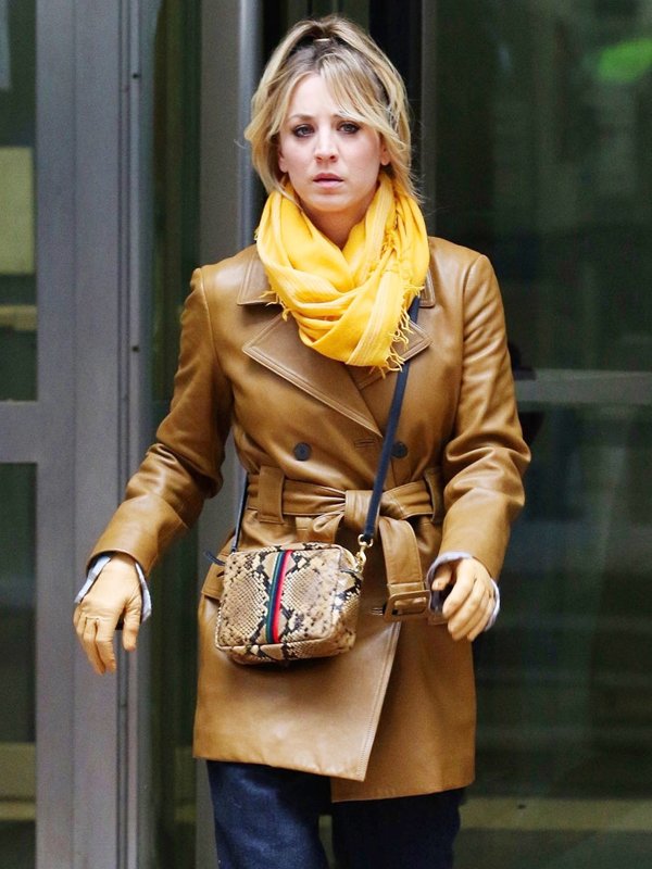 The-Flight-Attendant-Kaley-Cuoco-Brown-Leather-Coat