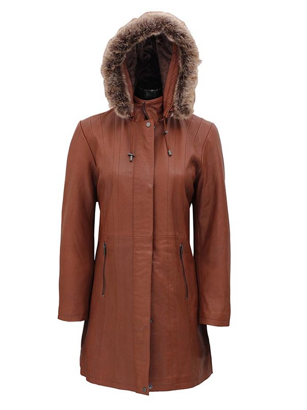 Womens-Brown-Fur-Hooded-Leather-Coat