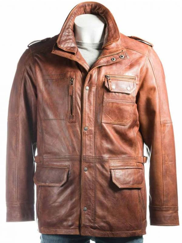 Mens-Tan-Double-Collared-Leather-Coat