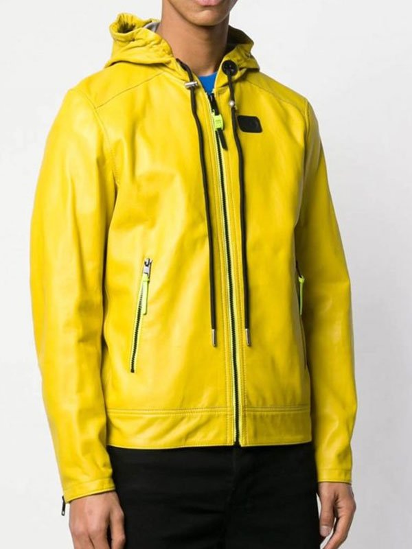 Mens-Yellow-Leather-Hooded-Jacket