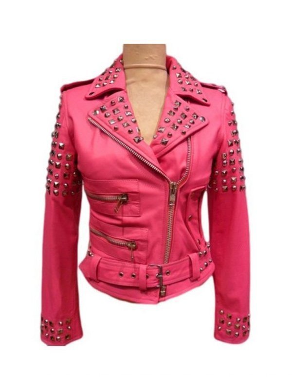 Womens-Golden-Studded-Pink-Biker-Leather-Jacket